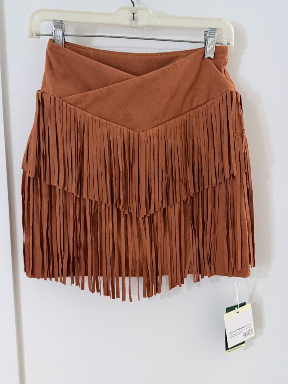 HALARA Rust Brown Suede Fringe Mini Skirt